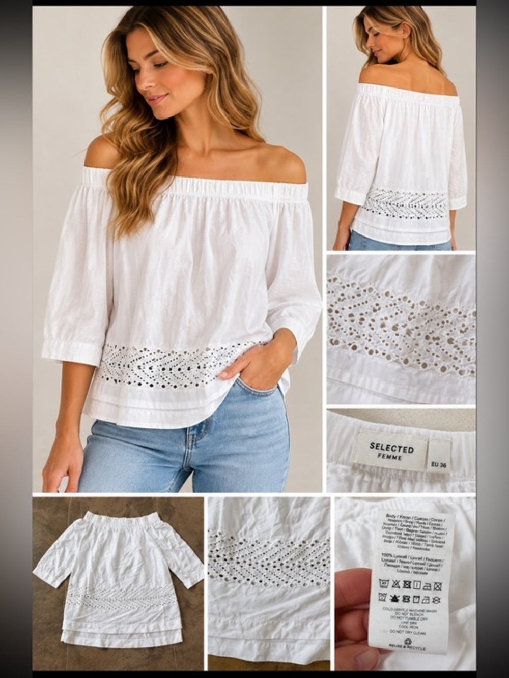 Selected Femme White Off Shoulder Eyelet Blouse EU 36 US 4